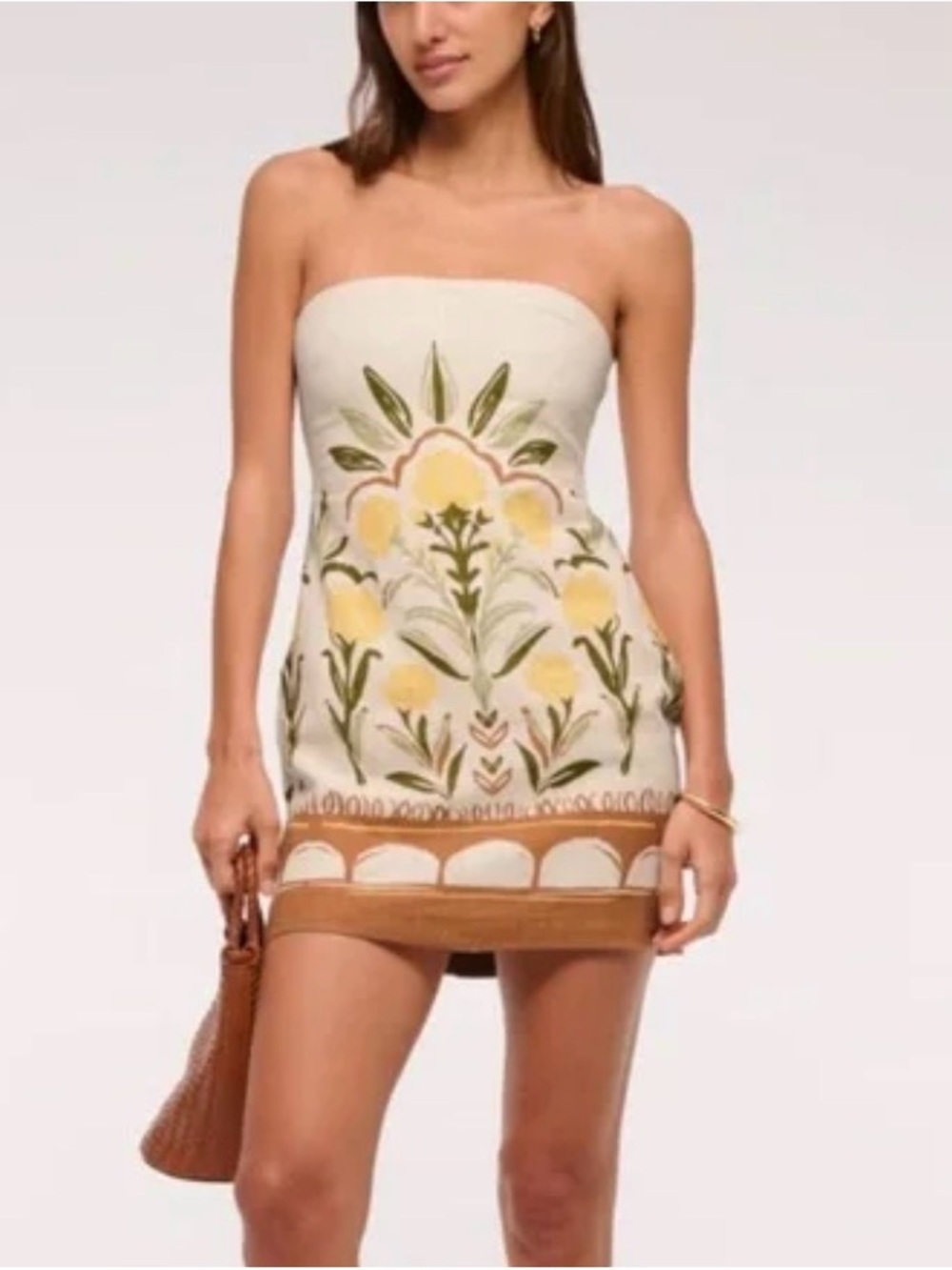 Abercrombie & Fitch Strapless Floral Mini Dress in Cream, Yellow and Green
